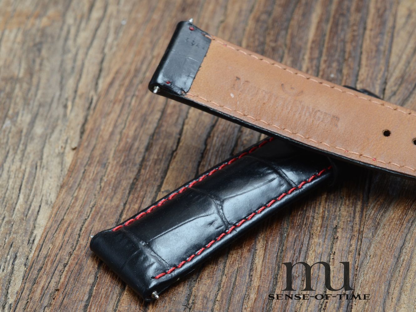 Zubehör: Meistersinger Lederband, schwarz mit roter Naht, 20 mm, NOS