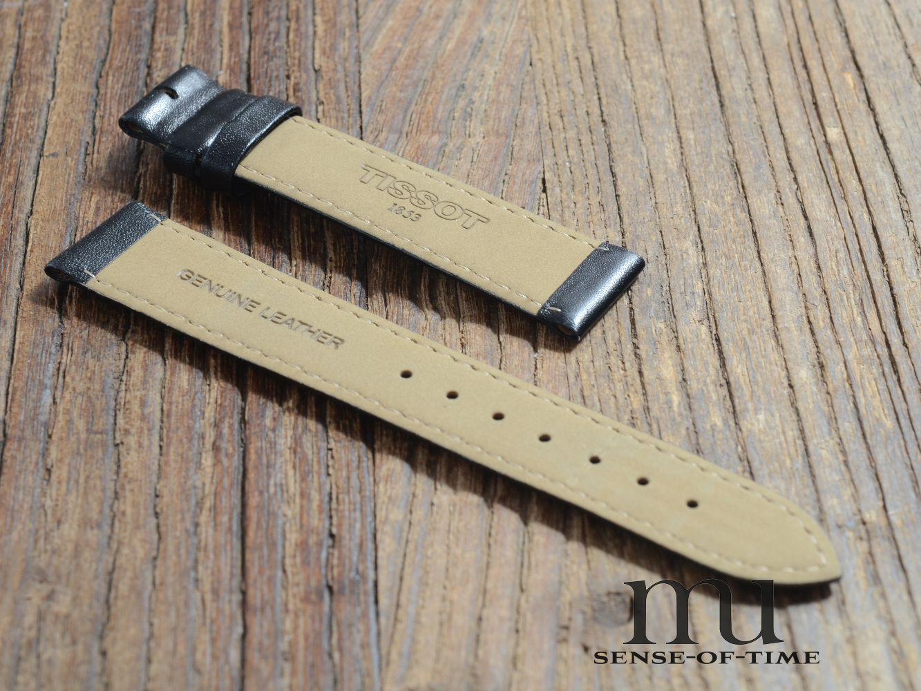 Zubehör: Tissot Lederband, schwarz mit weißer Naht, 18 mm, NOS