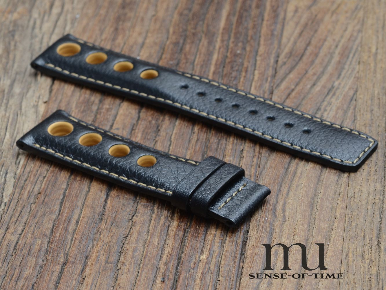 Zubehör: Tissot Racing Lederband, schwarz mit gelber Naht, 20 mm, NOS